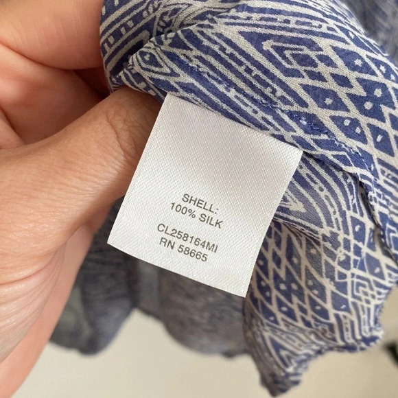 CLASSIQUES ENTIER 100% silk peasant boho sheer blouson sleeve printed blue top - Picture 6 of 6